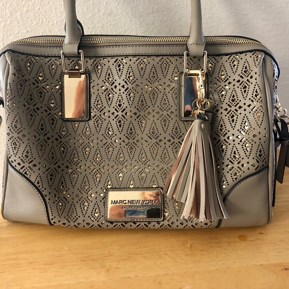 Andrew Marc New York Taupe & Gold Satchel Tote Shoulder Bag Purse Handles Eyelet